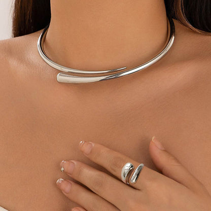Geometric Metal Glossy Collar Necklace & Bracelet Set - Chic Fashion Statement - Buy Center