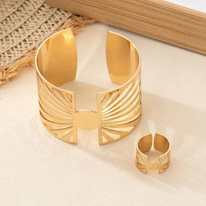 Buy Center 14K Gold Plated Geometric Ring & Cuff Set - Adjustable Elegance - Buy Center