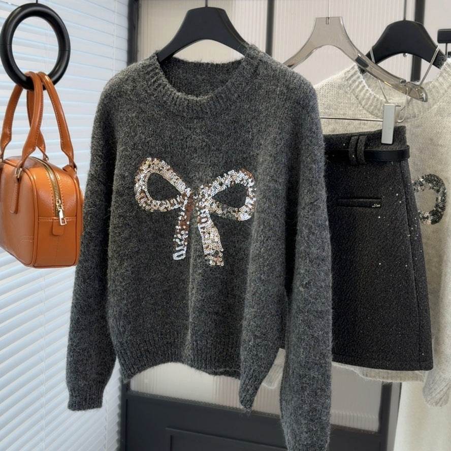 Women's Heavy-Duty Bow Sequined Pullover Sweater - Casual Loose Fit - Buy Center