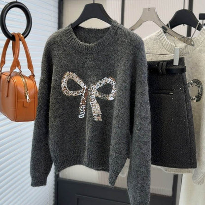 Women's Heavy-Duty Bow Sequined Pullover Sweater - Casual Loose Fit - Buy Center