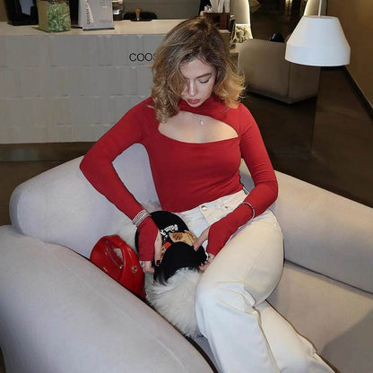 Slim-Fit Long Sleeve Hollow T-Shirt - Red, Black & Apricot Colors - Buy Center