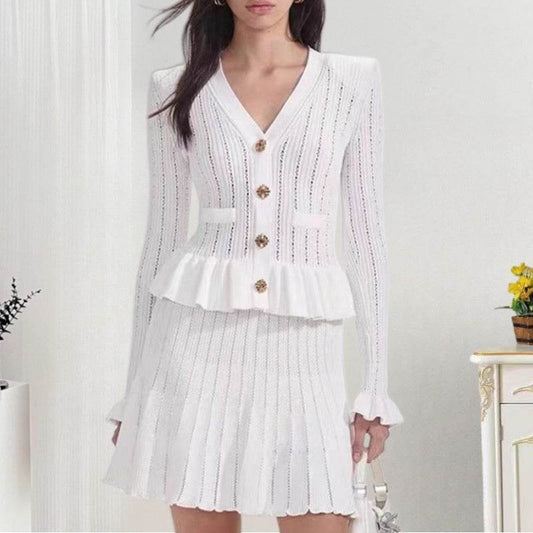 Niche V-Neck Knitted Midi Dress - High Waist A-Line for Elegant Style - Buy Center