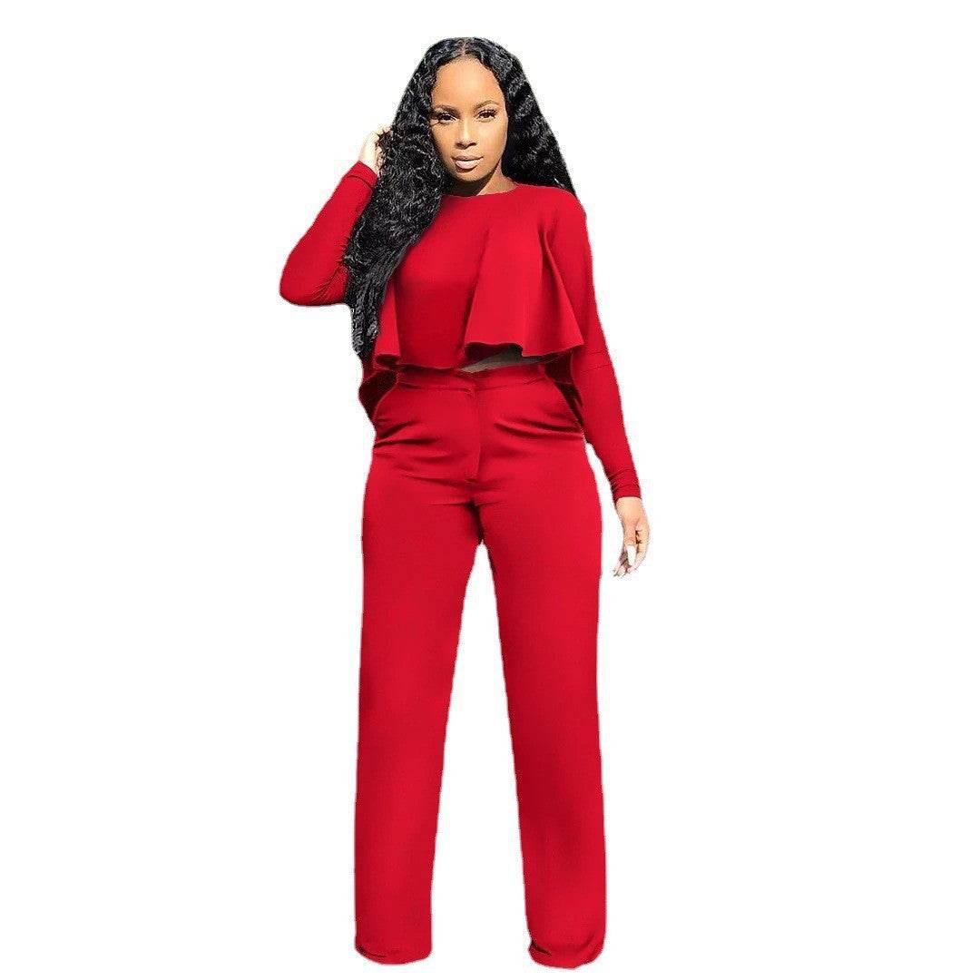 Buycenter Solid Color Two-Piece Set - High Waist Wide Leg Jumpsuit - Buy Center