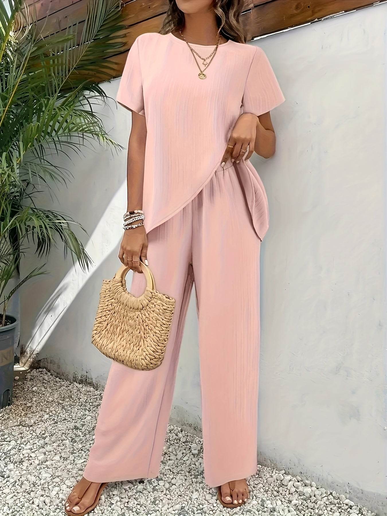 Elegant Two-Piece Set - Asymmetrical Hem Top & Wide-Leg Pants - Buy Center