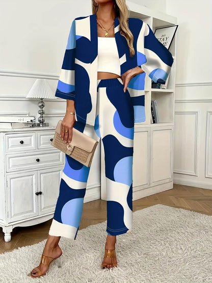 Stylish Casual Robe and Pocket Pants Set - Geometric Pattern, 100% Polyester - Buy Center