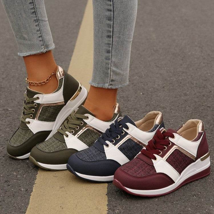 Colorblock Lace-Up Sneakers for Women - Stylish Thick-Soled Sports Flats - Buy Center