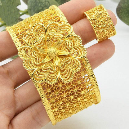 Women's Alluvial Gold Bracelet Ring Set - C-Shaped Ripple Design - Buy Center