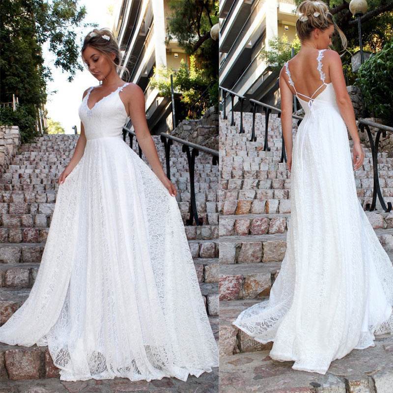Buycenter V-Neck Lace Dress - Elegant Wedding Gown with Swing Skirt - Buy Center