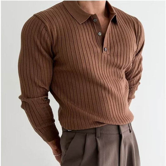 Buycenter Men's Long Sleeve Knitted Polo Shirt - Loose Fit Pullover - Buy Center