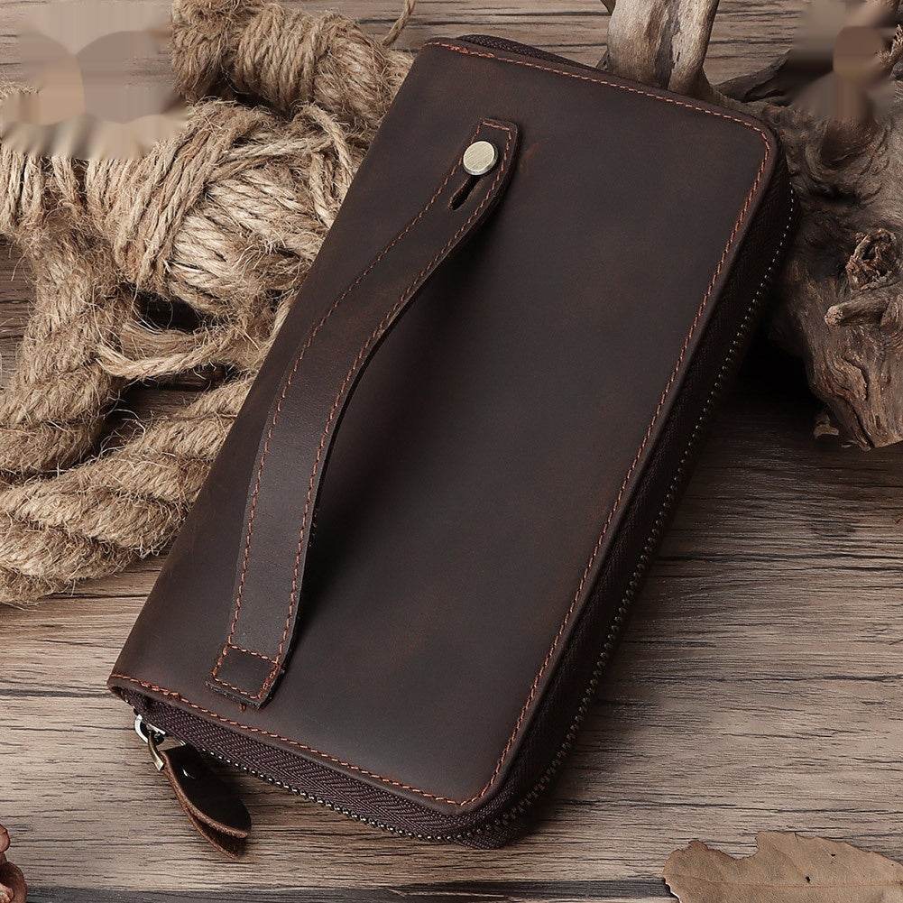 Vintage Cowhide Leather Wallet - Zipper & Multiple Card Slots for Men - Buy Center