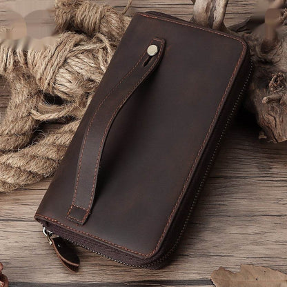 Vintage Cowhide Leather Wallet - Zipper & Multiple Card Slots for Men - Buy Center
