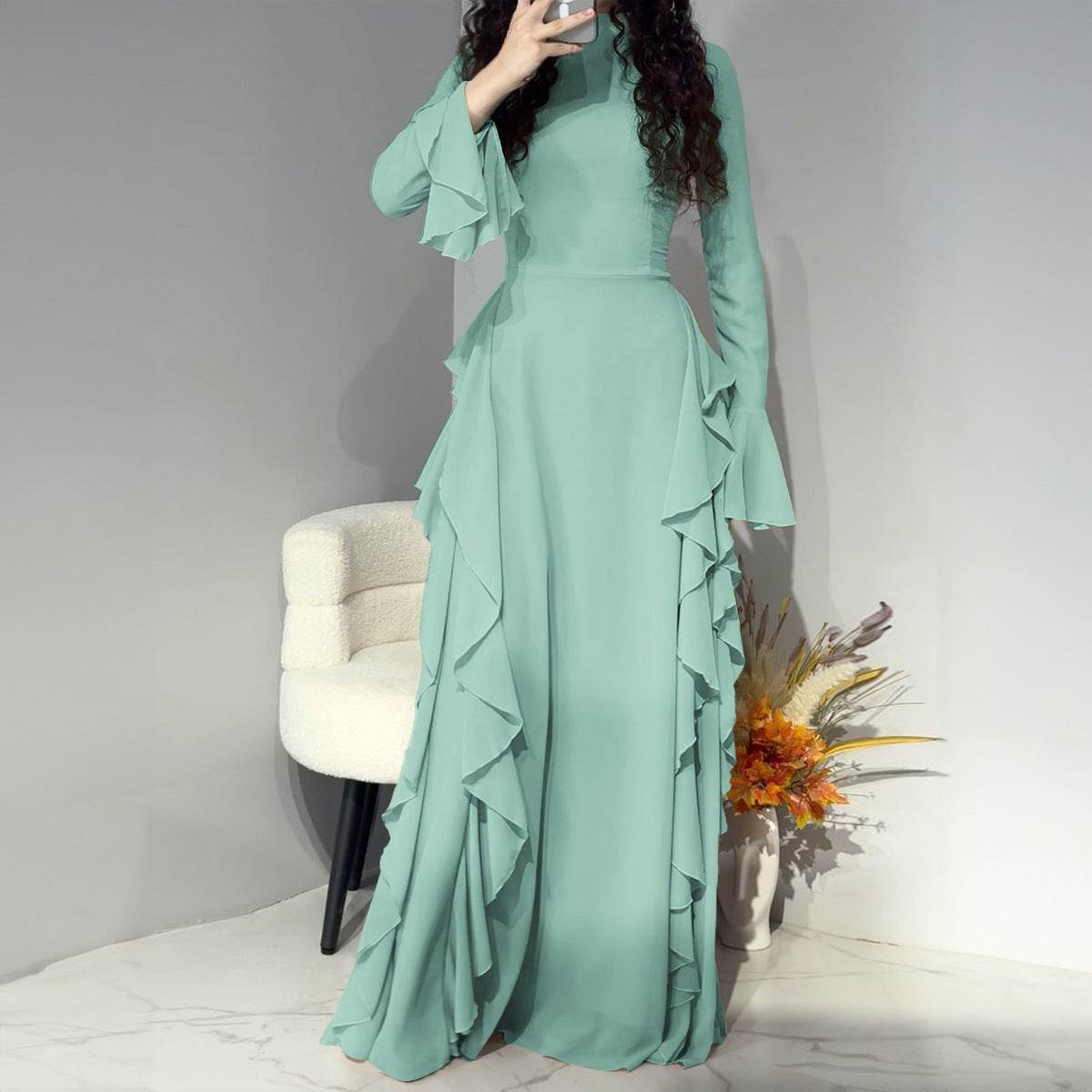 Buycenter High Waist Bell Sleeve Dress - Elegant Ruffle Design in Multiple Colors - Buy Center