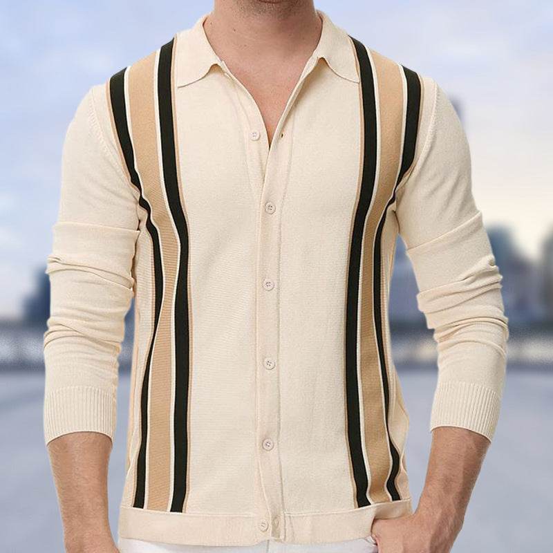 Buycenter Men's Thin Knitted Stripe Shirt - Long Sleeve, Flocking Style - Buy Center