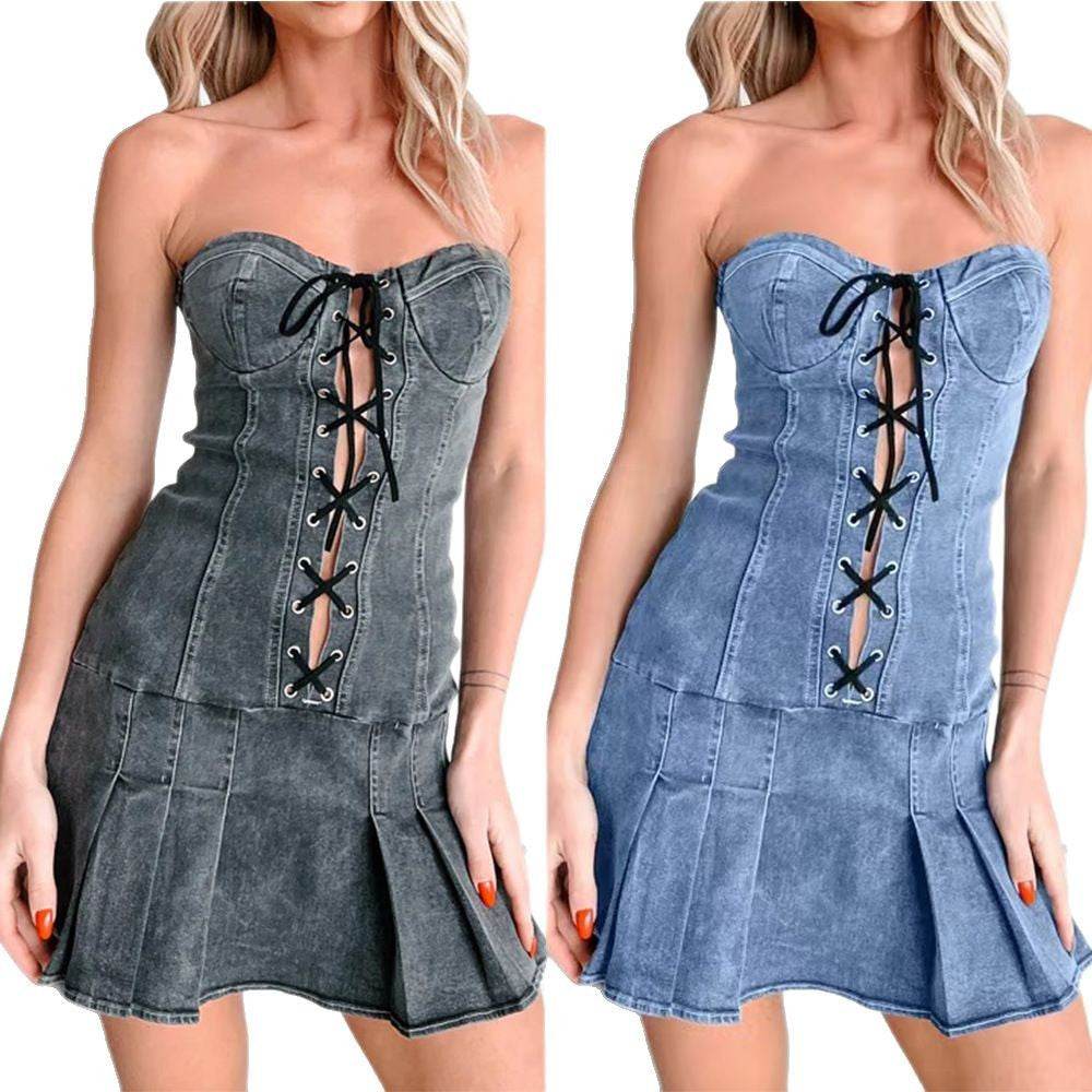 Buycenter Low Waist Denim Dress for Women - Sleeveless Mid-Length Style - Buy Center