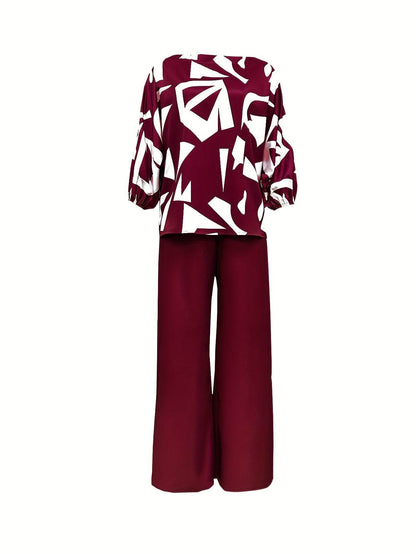 Geometric Printed Casual Top & Pants Set - 100% Polyester, All Season - Buy Center