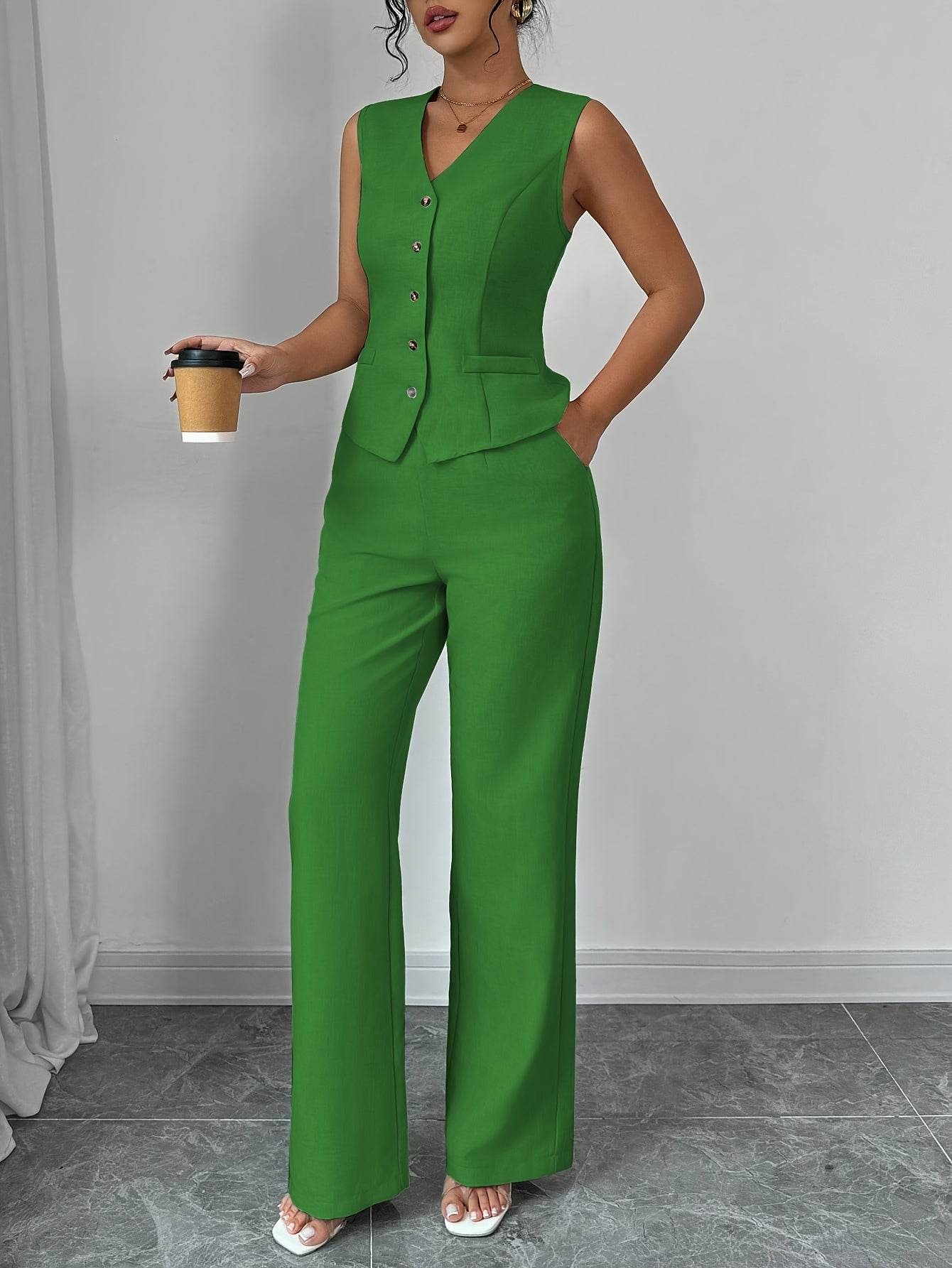 Women's Solid Color Vest & Wide-Leg Pants Set - Elegant Spring Look - Buy Center