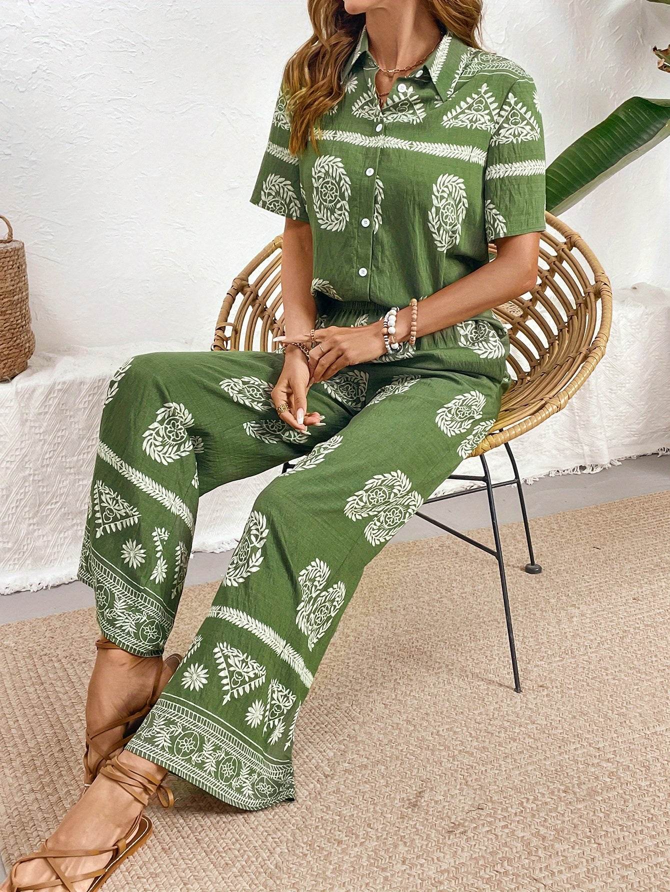 Ethnic Print Cardigan & Wide Leg Pants Set - Elegant Summer Style - Buy Center