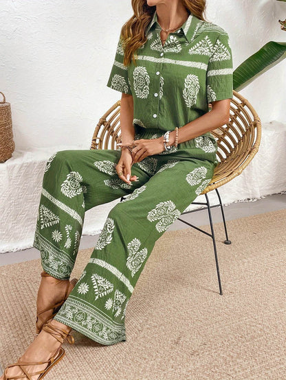 Ethnic Print Cardigan & Wide Leg Pants Set - Elegant Summer Style - Buy Center