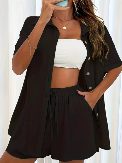 Women's Solid Color Two-Piece Set - Fashionable Pocket Shirt & Shorts - Buy Center