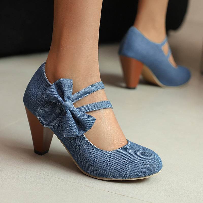 Buycenter Round Toe High Heels Pumps - Stylish Denim Bow Design - Buy Center