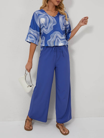Elegant V-Neck Geometric Pantsuit - 100% Polyester for Spring/Fall - Buy Center