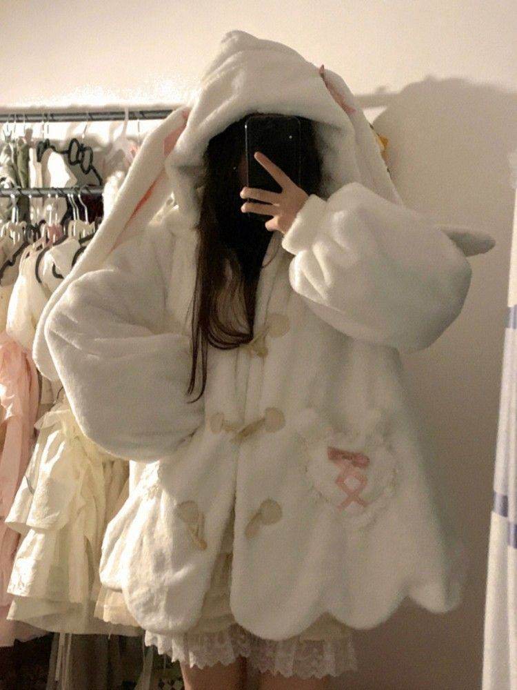 Cute Cashmere Hoodie Coat with Rabbit Ears - White, Stylish & Cozy - Buy Center