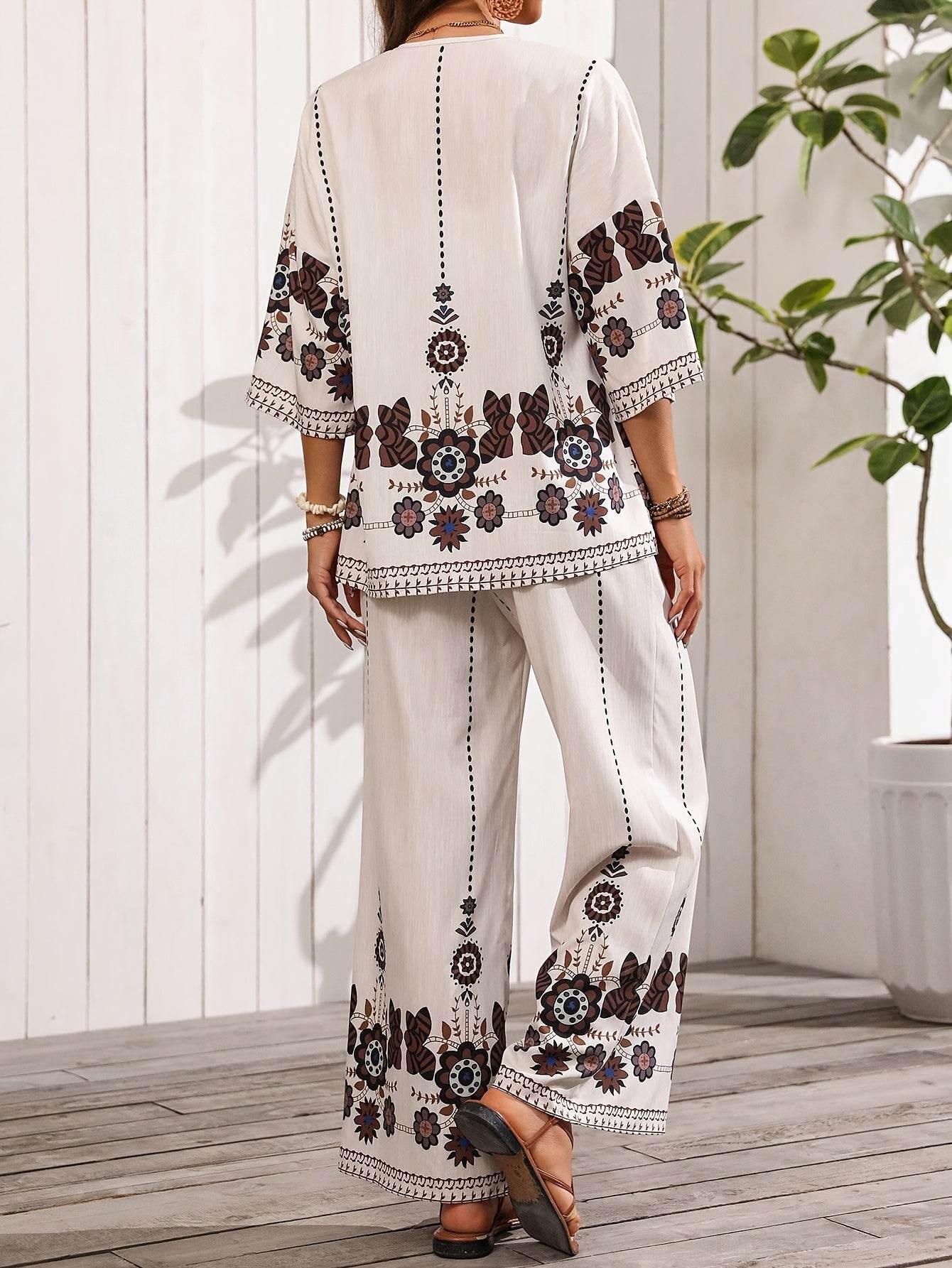 H632 Long Pants Floral Set - Casual Cardigan Collar Style - Buy Center