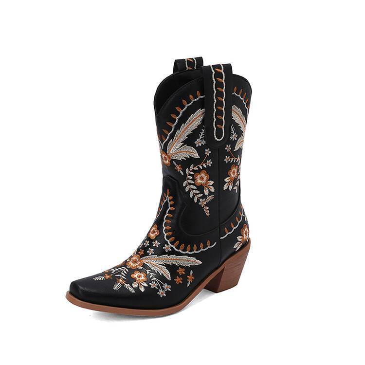 Buycenter Chunky Heel Cowboy Boots - Embroidered Knee-high Woman's Footwear - Buy Center