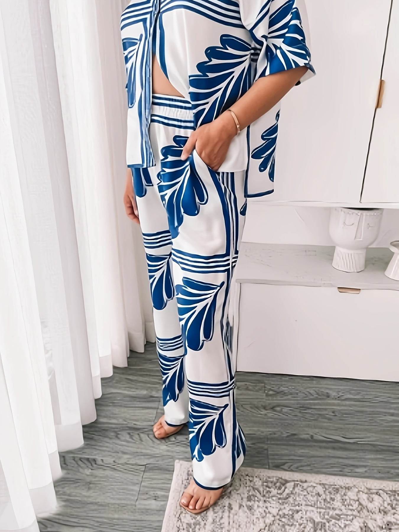 Women's Elegant Floral Print Two-Piece Set - Blue & White Summer Outfit - Buy Center