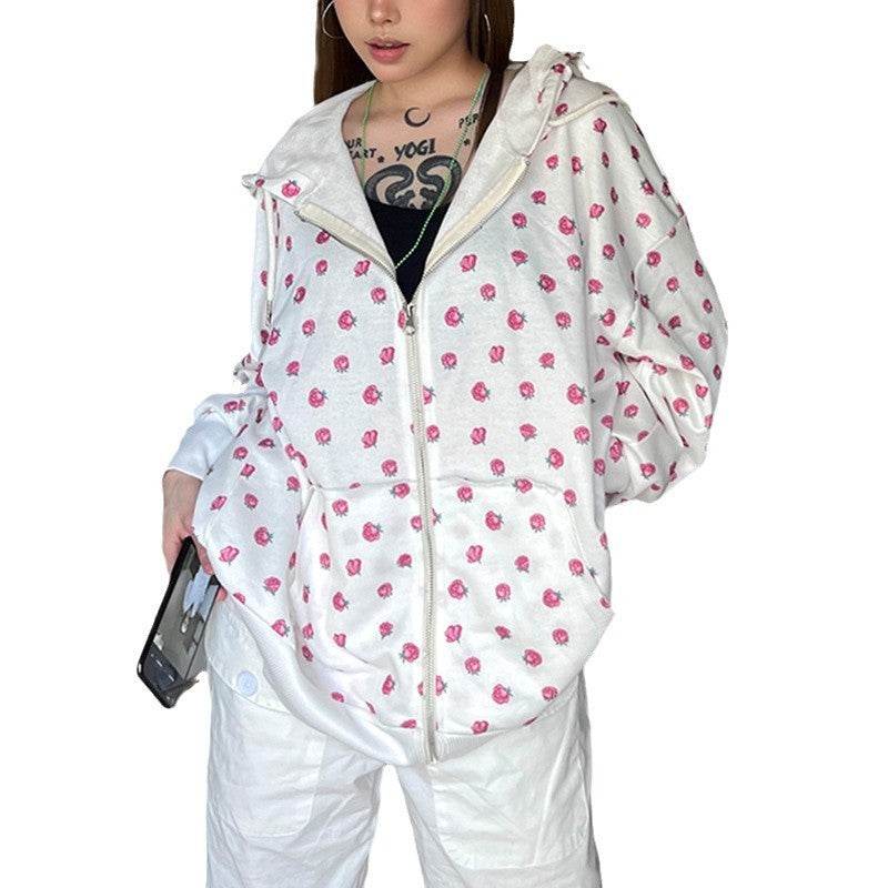 Buycenter Sweet Girlish Rose Printed Hoodie - Cozy Women's Cardigan - Buy Center
