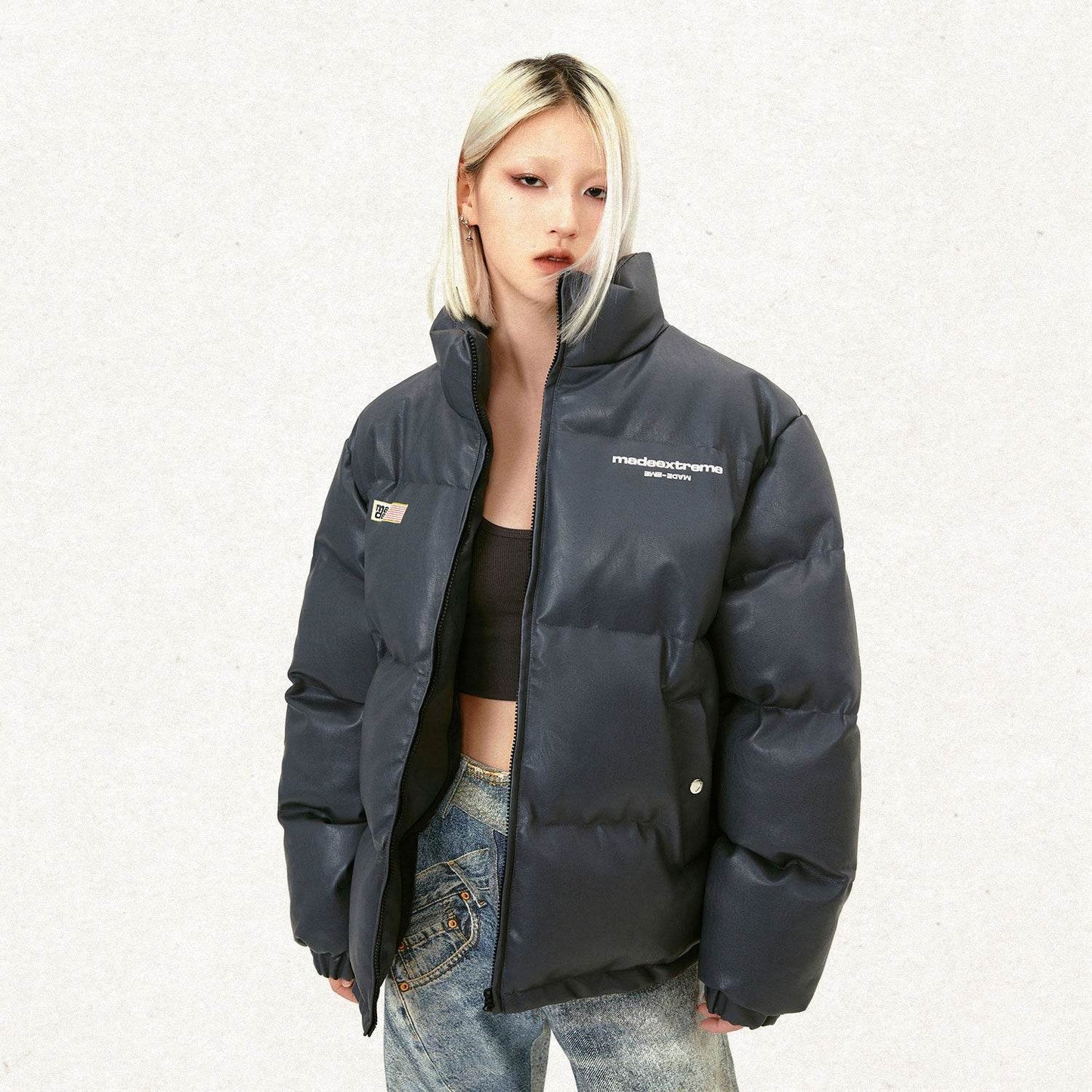 Unisex Cotton-Padded Jacket - Stylish Letter Print & Thick PU Leather - Buy Center
