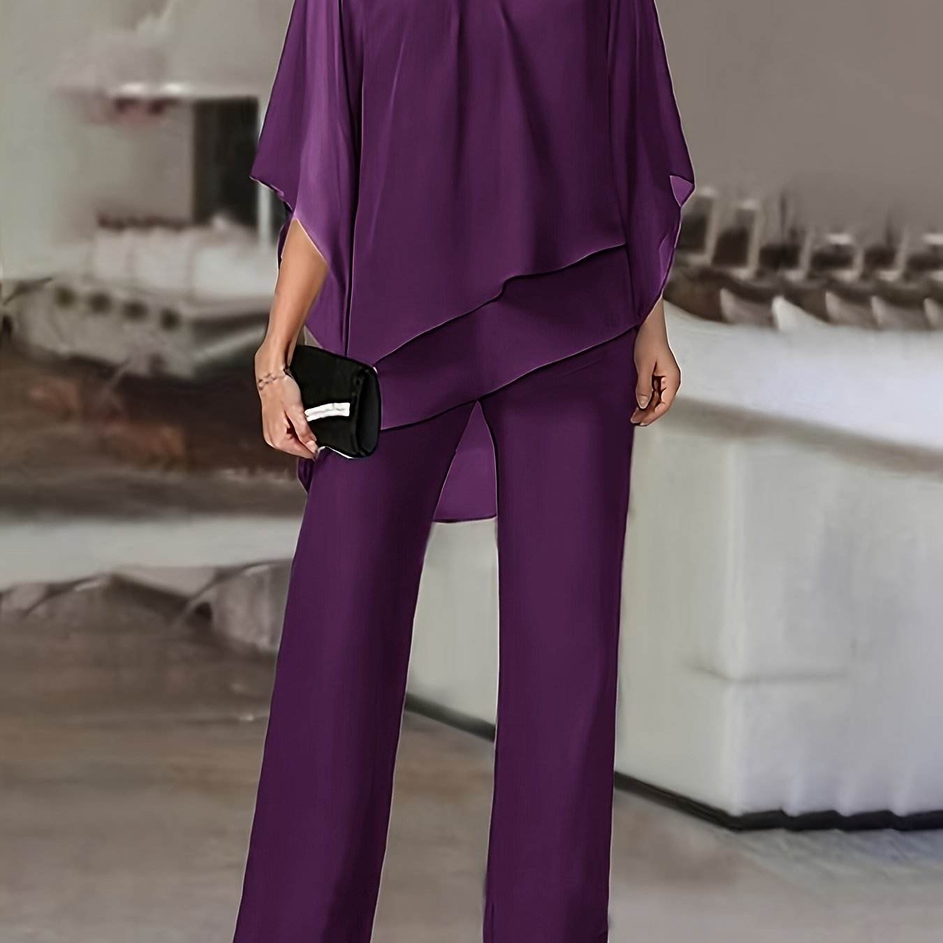 Elegant Off-Shoulder Asymmetrical Blouse & Pants Set - Purple Casual - Buy Center
