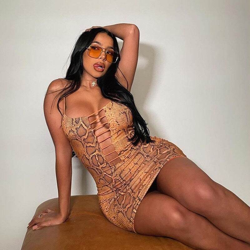 Buycenter Snake Print Hollow Bag Hip Skirt - Slim Evening Dress - Buy Center