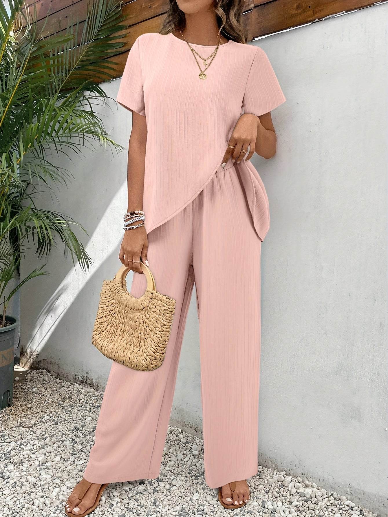 Women's Spring Casual Two-Piece Set - Round Neck Dress Top & Pants - Buy Center