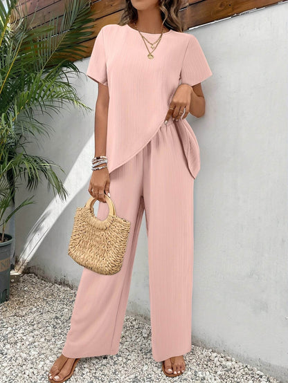 Women's Spring Casual Two-Piece Set - Round Neck Dress Top & Pants - Buy Center