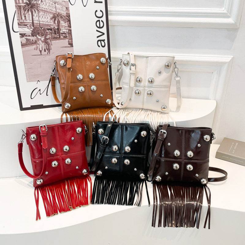 Buycenter Studded Shoulder Tassel Crossbody Bag - Trendy Bucket Style - Buy Center