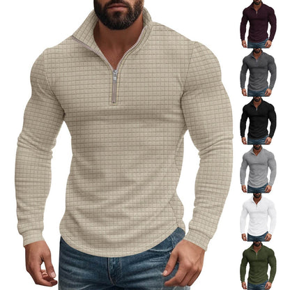 Buycenter Retro Long Sleeve Men's Sweater - Half Zipper, Plaid Design - Buy Center
