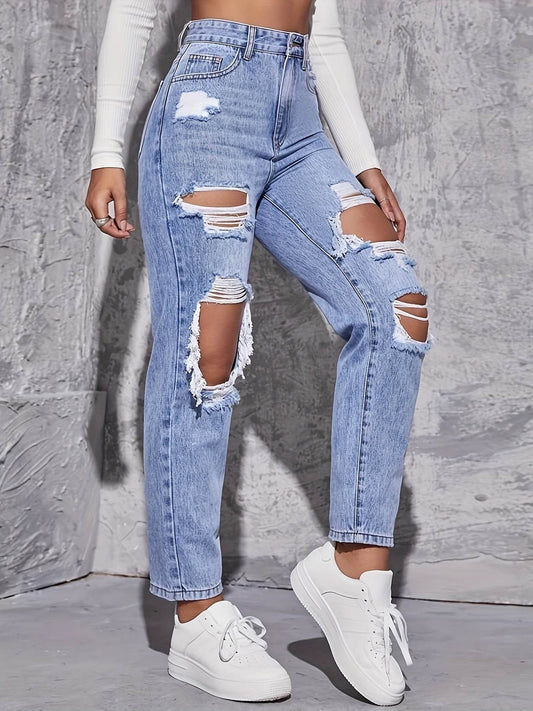 Buycenter Casual High Waist Ripped Denim Trousers for Women - Stylish Fit - Buy Center