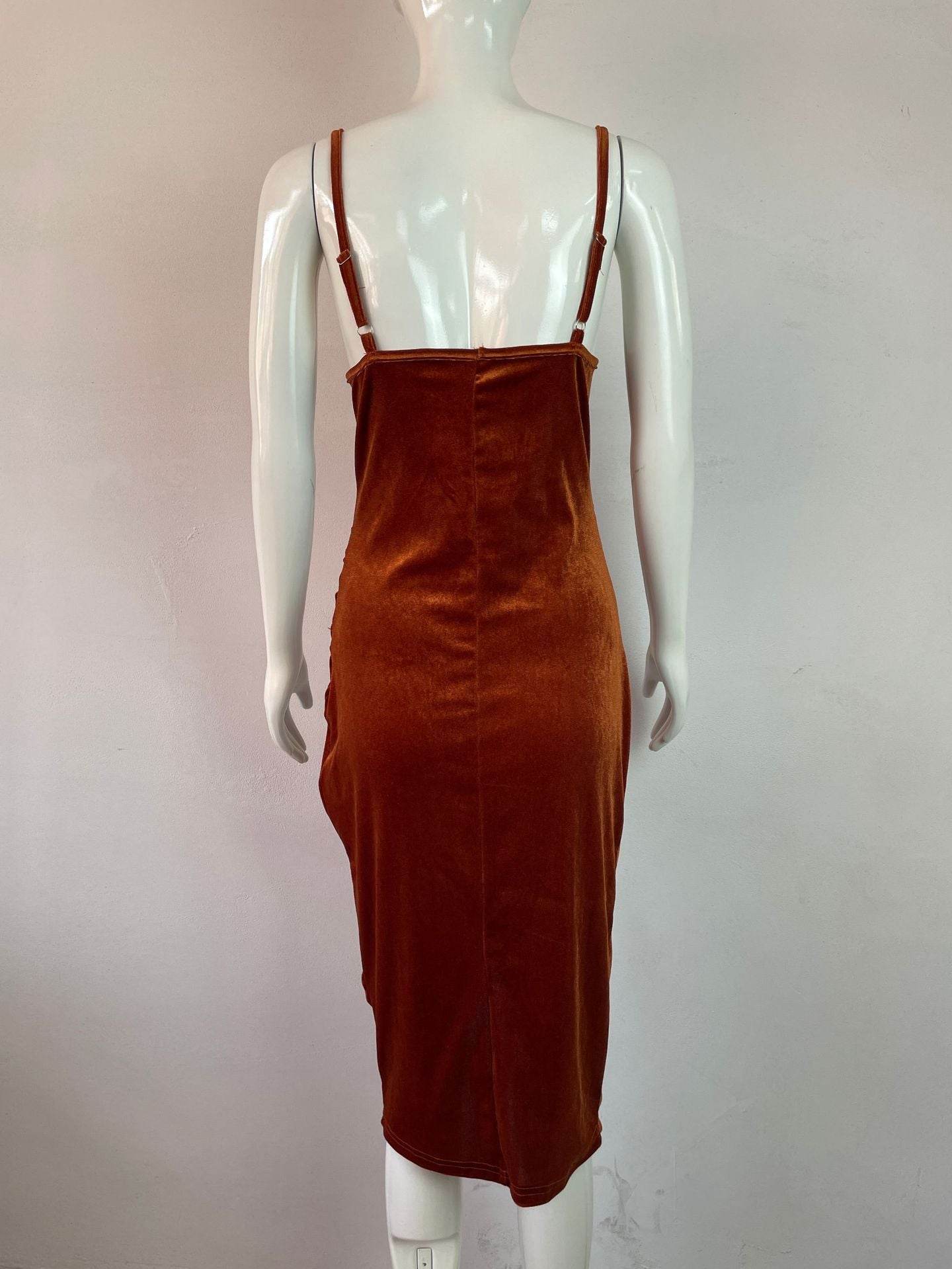 Buycenter Women's Velvet Sling Dress - Pleated Midi Evening Wear - Buy Center