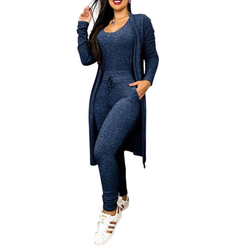 Buycenter Women's Casual Jumpsuit & Cardigan Set - High Waist & Pockets - Buy Center
