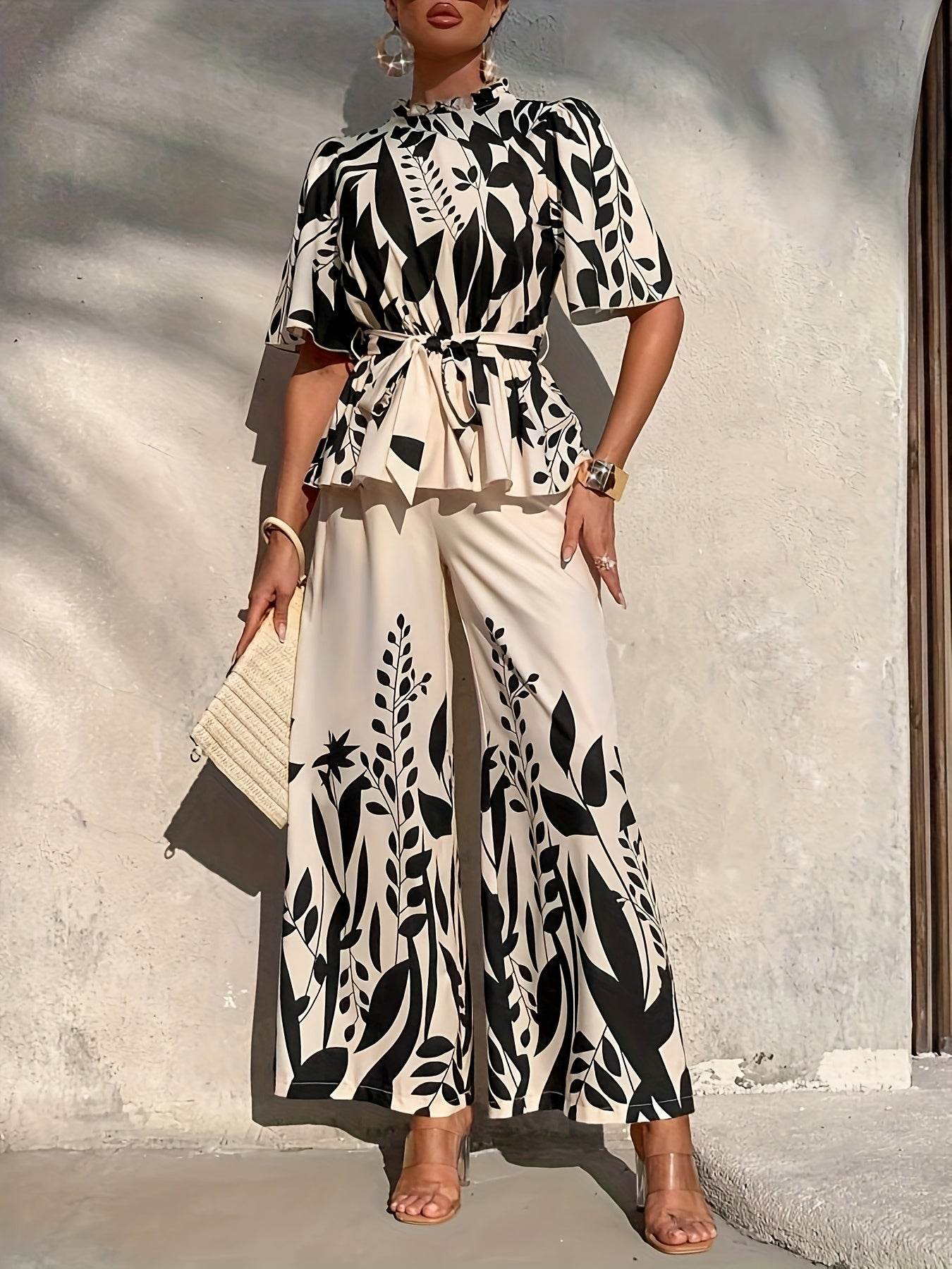 Elegant Floral Print Women's Pants Set - Short Sleeve, Wide Leg - Buy Center