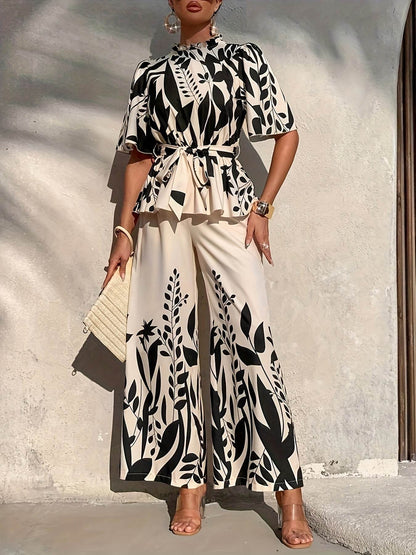 Elegant Floral Print Women's Pants Set - Short Sleeve, Wide Leg - Buy Center