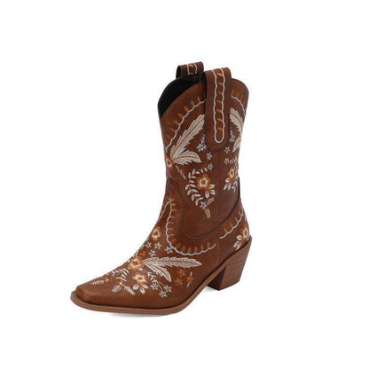 Buycenter Chunky Heel Cowboy Boots - Embroidered Knee-high Woman's Footwear - Buy Center