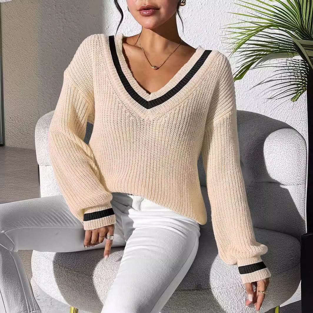Buycenter Women's V-neck Color Block Sweater - Casual Pullover Style - Buy Center