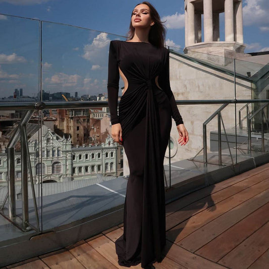 Women’s Long Sleeve Slimming Dress - Elegant Evening Wear in Black & Gray - Buy Center