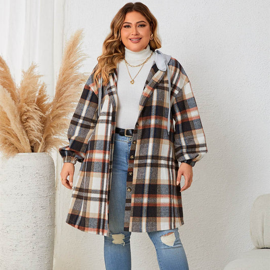 Buycenter Plus-Size Women's Plaid Hooded Trench Coat - Autumn Winter Style - Buy Center