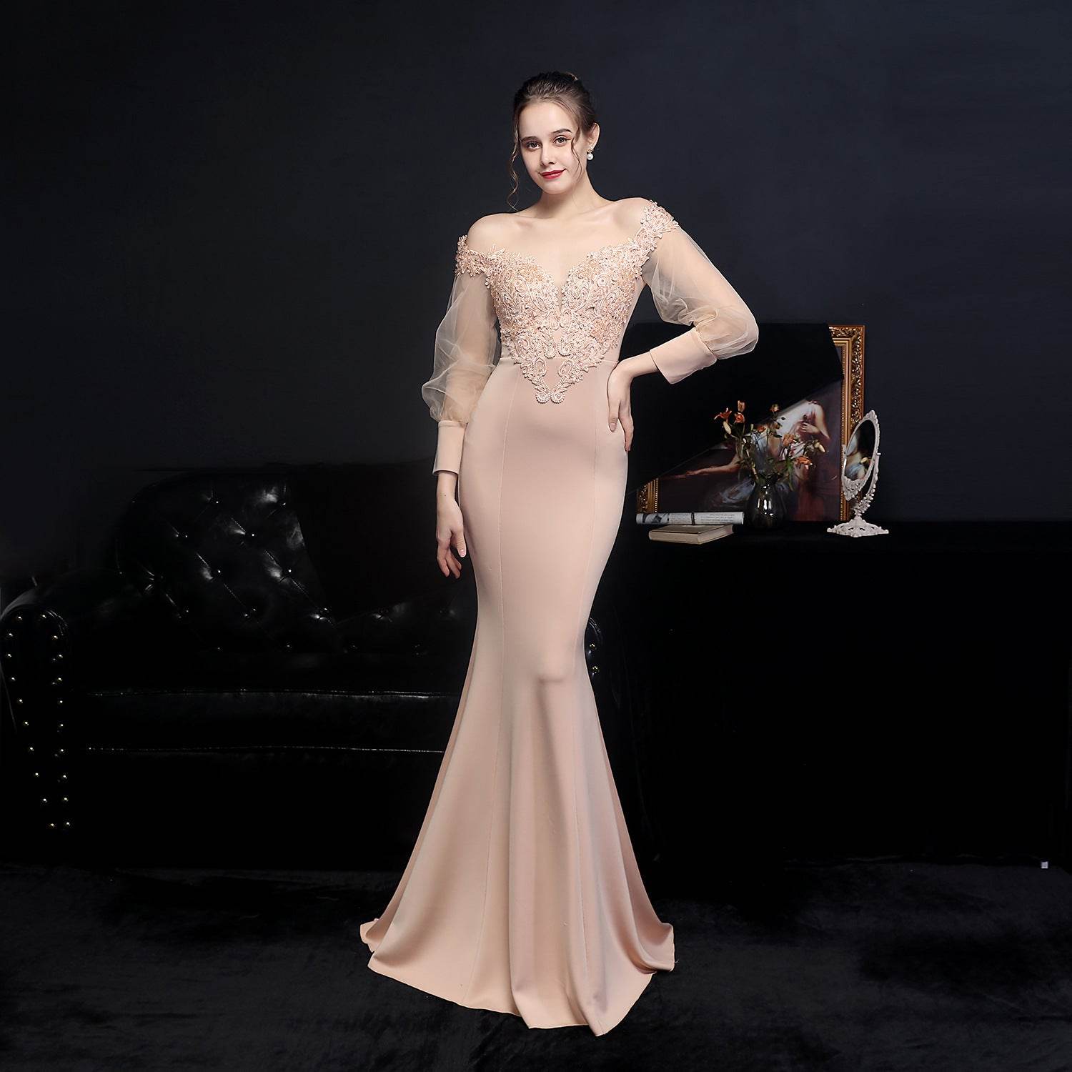 Buycenter Long-Sleeved Evening Dress - Full Craft Lace & Satin - Buy Center