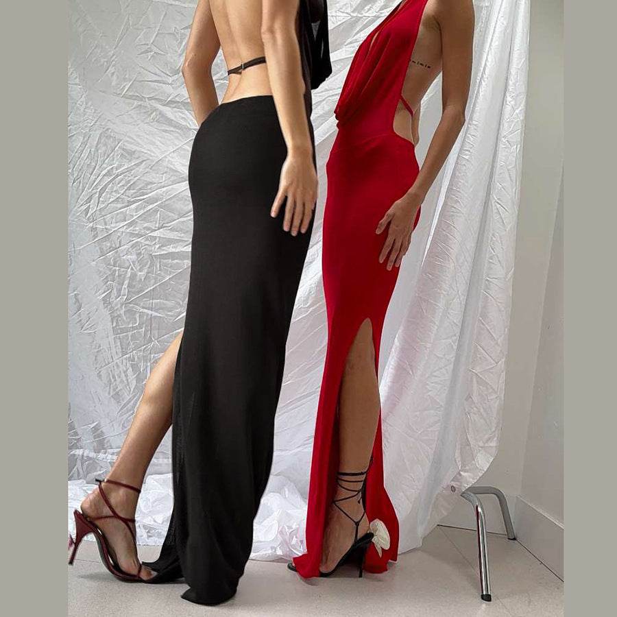 Sexy Halter V-Neck Backless Dress - Black & Red Options for Modern Women - Buy Center