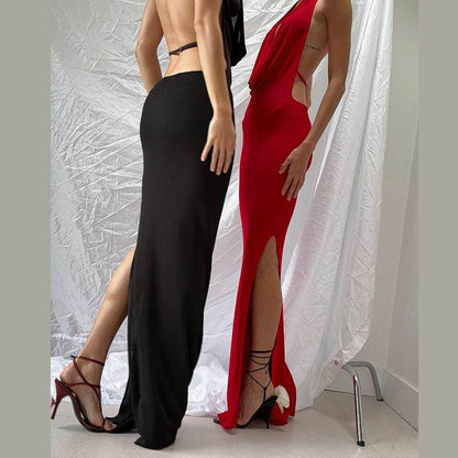 Sexy Halter V-Neck Backless Dress - Black & Red Options for Modern Women - Buy Center