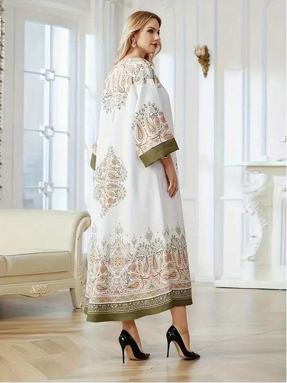 Buycenter Elegant Floral Print Long Sleeve Abaya Dress - Chic Style - Buy Center